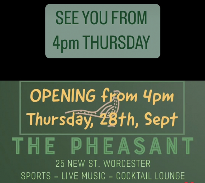 The Pheasant Worcester Open from 4pm Thursday 28th September 2023 Sports, Live Music and Cocktail Lounge